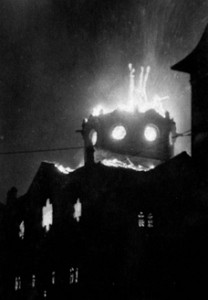 A synagogue burning during Kristallnacht, 1938.