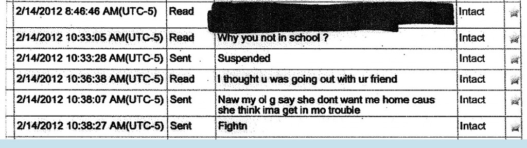 Text on Trayvon cell phone phone about being suspended from school