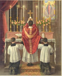 priest faces altar