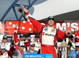 Sam Hornish Jr., celebrates his win at the 2013 Sam's Town 300 in Las Vegas (Photo courtesy of NASCAR Media)