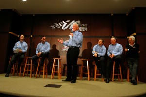 Norm Miller (far right) and Joe Gibbs (standing) during the 2011 Sprint Media Tour (Photo courtesy NASCAR Media) 