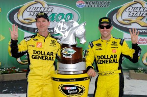 Jason Ratcliff (left) and Matt Kenseth (right) pose with the Quaker State 400 trophy at Kentucky Speedway on June 30, 2013. (Photo courtesy of NASCARMedia.com)