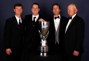 Jason Ratcliff (far left) poses with (from left to right) Nationwide Series Champion Kyle Busch, J.D. Gibbs and Joe Gibbs (Photo by Chris Graythen/Getty Images for NASCAR) 