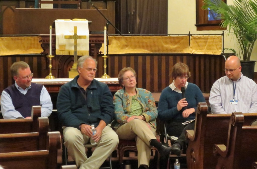 : Panelists: Peter Deysenroth, Dr. James Dalton, Dr. Carol Beechy, the Rev. Betsy Jay, and Dr. Chris Mulik, speak on death and dying at Fly Creek Methodist Church, April 11, 2016