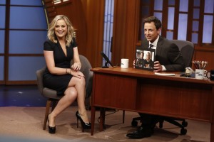 Pictured: (l-r) Actress Amy Poehler during an interview with host Seth Meyers (Photo by: Peter Kramer/NBC)