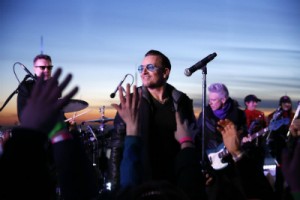 U2 performing on the top of Rockefeller Center.