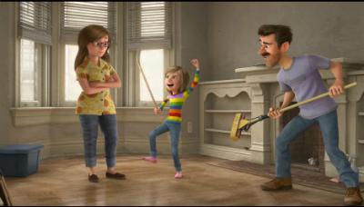 Mom, Dad and Riley making do in their new home before their furniture arrives. (Disney/Pixar)