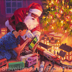 Boys and Their Trains, original oil painting of Santa by Steve Henderson