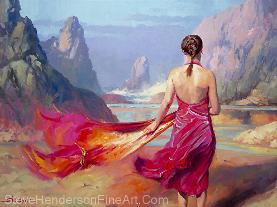 Cadence original oil painting of woman walking on the beach by Steve Henderson