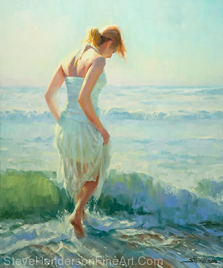 Gathering Thoughts, original oil painting of woman walking on the beach, by Steve Henderson