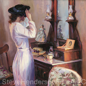 The New Hat 1940s nostalgia woman in front of old fashioned dresser mirror oil painting by Steve Henderson