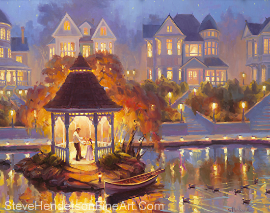 Autumn Dance oil painting of man and girl in gazebo by lake and Victorian house by Steve Henderson