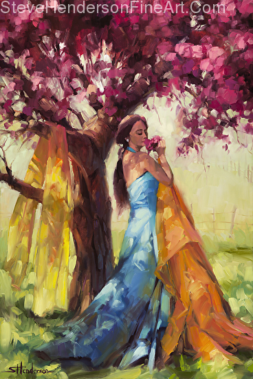 Blossom inspirational oil painting of woman in blue dress by red tree with flower by Steve Henderson