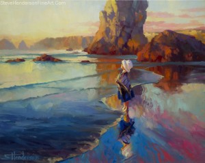 Bold Innocence oil painting of child standing on ocean beach at sunset by Steve Henderson