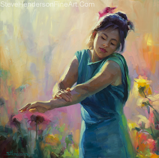 Enchanted inspirational oil painting of young woman girl in green dress in sunlight and garden by Steve Henderson