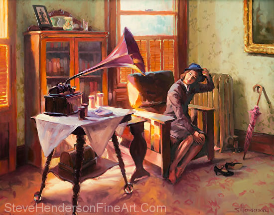 Ending the Day on a Good Note original oil painting with 1940s inspirational girl taking off hat next to gramophone by Steve Henderson