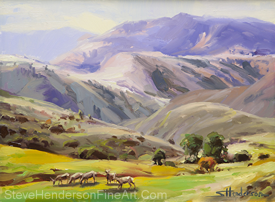 Grazing in the Salmon River Mountains inspirational oil painting of deer in meadow by Steve Henderson