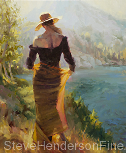 Lady of the Lake inspirational oil painting woman by mountain lake in gold fabric skirt by Steve Henderson