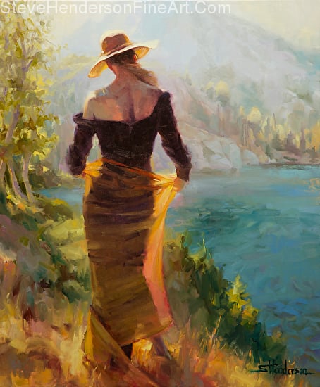 Lady of the Lake woman in yellow sheer skirt and hat standing by water original oil painting by Steve Henderson