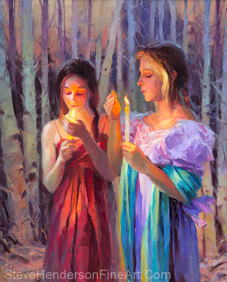 Light in the Forest inspirational oil painting of two women with candles in woods by Steve Henderson