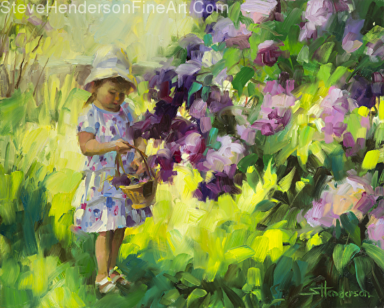 Lilac Festival inspirational oil painting of toddler girl with hat and dress picking flowers in the garden by Steve Henderson