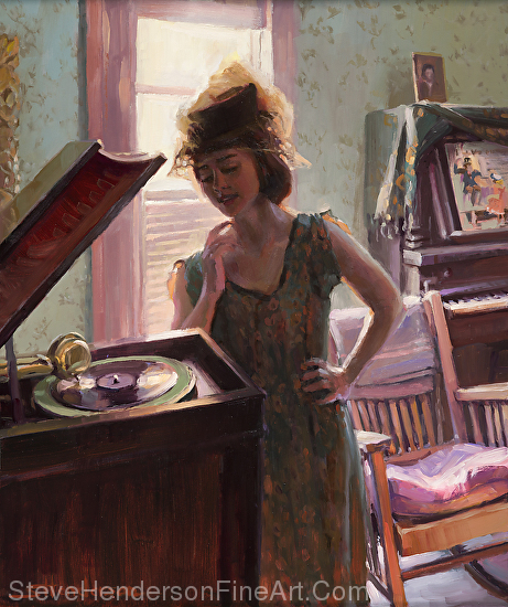 Phonograph Days inspirational oil painting of woman with hat and dress in piano room listening to old fashioned nostalgia phonograph by Steve Henderson