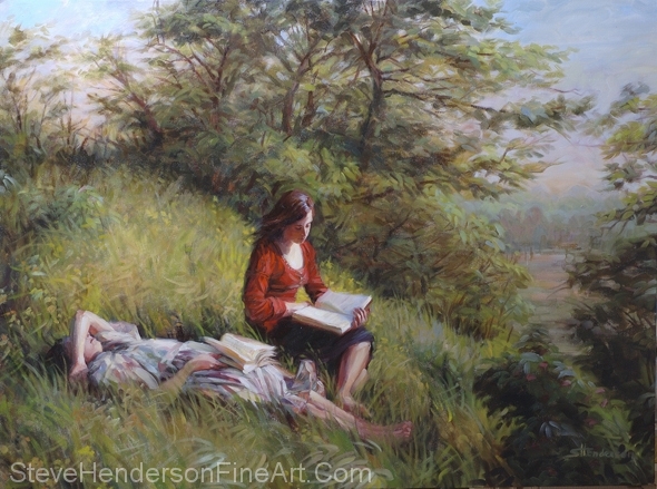 provincial afternoon inspirational oil painting of two girls reading books in meadow by Steve Henderson