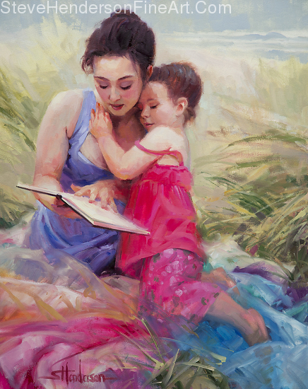 Seaside Story inspirational original oil painting of woman and child on beach reading book by Steve Henderson