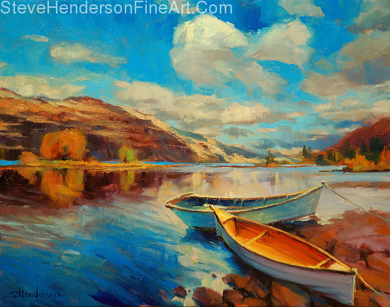 Shore Leave inspirational oil painting of rowboats on Columbia River by Steve Henderson