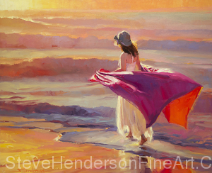 Catching the Breeze inspirational original oil painting of woman walking on beach by ocean sea by Steve Henderson