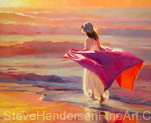 Catching the Breeze inspirational original oil painting of woman walking on beach by ocean sea by Steve Henderson