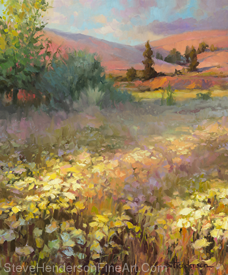 Field of Dreams inspirational oil painting of meadow hills and trees in rural country setting by Steve Henderson