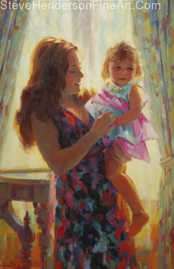 Madonna and Toddler inspirational original oil painting of mother and daughter child in Victorian home by Steve Henderson