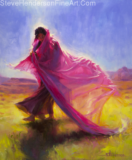 Mesa Walk inspirational oil painting of Indian woman dancing on Arizona plains near Grand Canyon by Steve Henderson