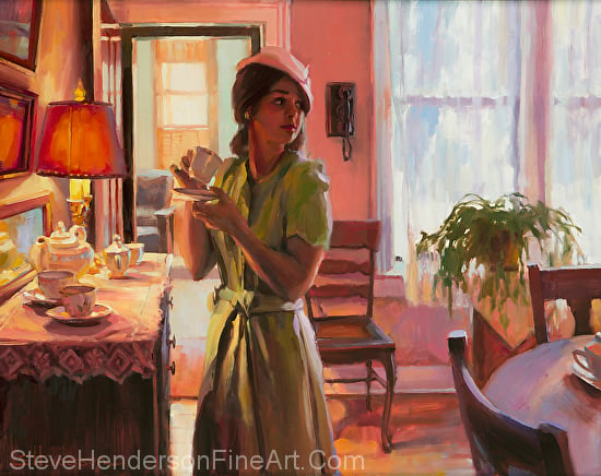 Midday Tea inspirational oil painting of young woman in dining room of Victorian home by Steve Henderson