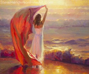Ocean Breeze inspirational oil painting of woman onocean beach at sunset with dress and fabric by Steve Henderson