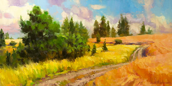 Off the Grid inspirational original oil painting landscape of meadow and highland road by Steve Henderson