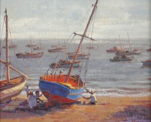 Peruvian Fishermen inspirational oil painting of boats on beach by ocean sea by Steve Henderson