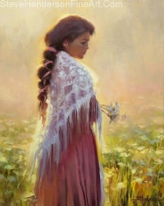 Queen Anne's Lace inspirational oil painting of young woman in meadow with flowers wearing lace shawl by Steve Henderson