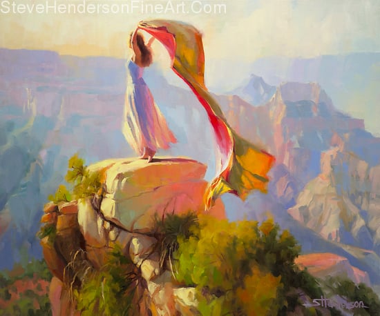 Spirit of the Canyon inspirational original oil painting of woman at grand canyon with fabric by Steve Henderson