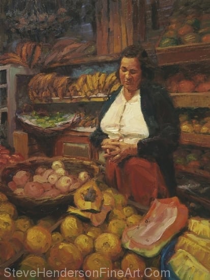 The Fruit Vendor inspirational original oil painting of South American woman at market stall by Steve Henderson