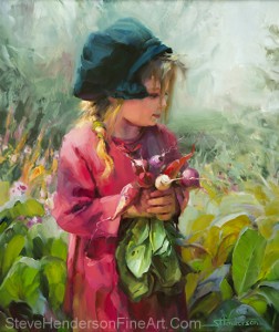 Child of Eden inspirational original oil painting of little girl with green hat in garden with radishes by Steve Henderson