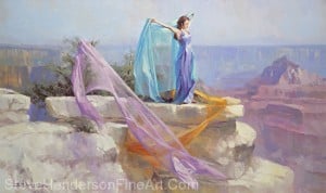 Diaphanous inspirational original oil painting of woman in lilac dress and fabric at Grand Canyon National Park by Steve Henderson