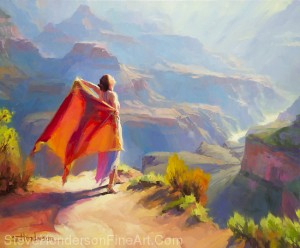eyrie inspirational oil painting of woman at grand canyon national park looking into sunrise by Steve Henderson