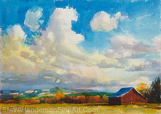 Lonesome Barn inspirational original watercolor painting of clouds over grassy meadow near barn by Steve Henderson