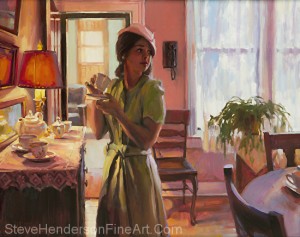 Midday Tea inspirational original oil painting of woman in victorian Boldman house dining room by Steve Henderson