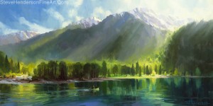 Peace inspirational original oil painting of canoe on Wallowa Lake near mountains by Steve Henderson