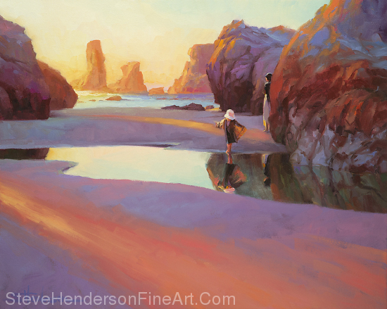 Reflection inspirational oil painting of little girl and woman beach jumping in puddle by Steve Henderson