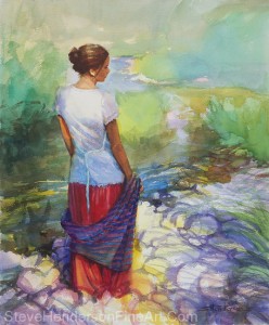 Riverside Muse inspirational oil painting of woman by river also licensed print at iCanvasART and Framed Canvas Art by Steve Henderson