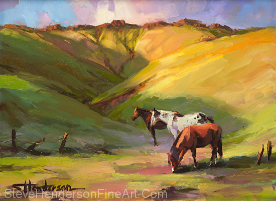 Three Horses inspirational original oil painting of mountains and meadow by Steve Henderson